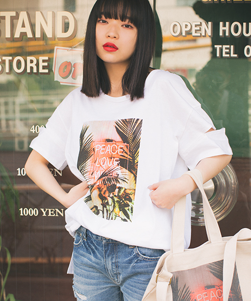 VENCEEXCHANGE(ヴァンスエクスチェンジ)の「プリントスリーブスリットTシャツ(Tシャツ/カットソー・レディース・ブラック/オフホワイト/ブルー・M)」の6枚目の写真