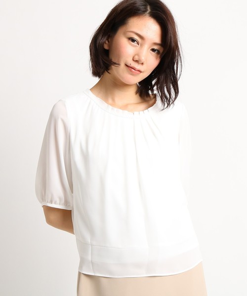 Sunauna(スーナウーナ)の「【洗える】ペプラム五分袖プルオーバー(シャツ/ブラウス・レディース・ライトグレー/ネイビー/オフホワイト/ピンク・38/40/34)」の2枚目の写真
