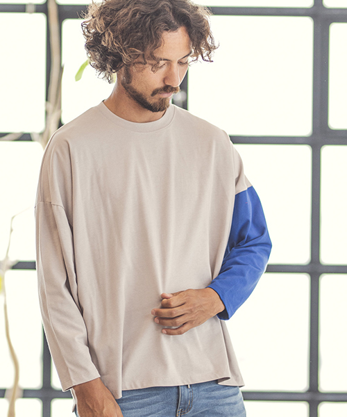 CAMBIO（カンビオ）の「mlt2579-One Arm 3-4 Sleeve Big Tee　ロングスリーブTシャツ（Tシャツ/カットソー・メンズ・グレー系その他/ホワイト×ブラック/ホワイト×ブルー/ブラック×イエロー・L/S/M）」の4枚目の写真