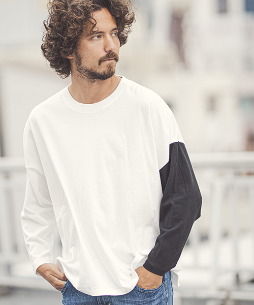 CAMBIO（カンビオ）の「mlt2579-One Arm 3-4 Sleeve Big Tee　ロングスリーブTシャツ（Tシャツ/カットソー・メンズ・グレー系その他/ホワイト×ブラック/ホワイト×ブルー/ブラック×イエロー・L/S/M）」の5枚目の写真