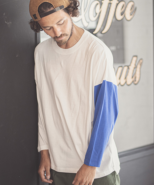 CAMBIO（カンビオ）の「mlt2579-One Arm 3-4 Sleeve Big Tee　ロングスリーブTシャツ（Tシャツ/カットソー・メンズ・グレー系その他/ホワイト×ブラック/ホワイト×ブルー/ブラック×イエロー・L/S/M）」の18枚目の写真