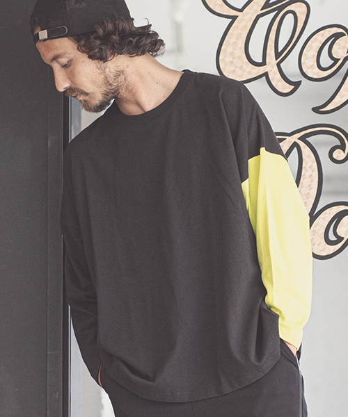 CAMBIO（カンビオ）の「mlt2579-One Arm 3-4 Sleeve Big Tee　ロングスリーブTシャツ（Tシャツ/カットソー・メンズ・グレー系その他/ホワイト×ブラック/ホワイト×ブルー/ブラック×イエロー・L/S/M）」の9枚目の写真