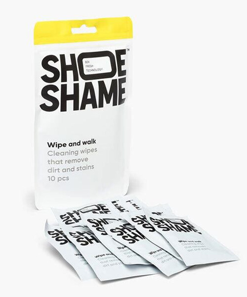 SHOE SHAME(シューシェイム)の「〈SHOE SHAME/シューシェイム〉WIPE AND WALK クリーニングシート10枚入り シューケア用品(シューケア用品・メンズ・ホワイト×イエロー・FREE)」の1枚目の写真