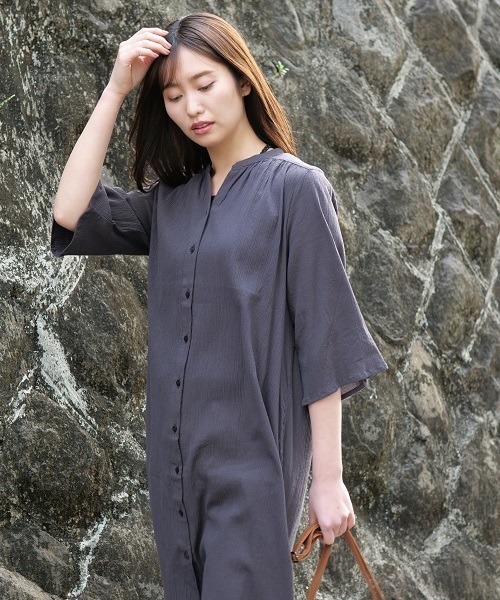 Evlove イヴロヴ の 大きいサイズ レディース Evlove イヴロヴ シャツワンピ 綿楊柳 前開き シャツワンピース Wear