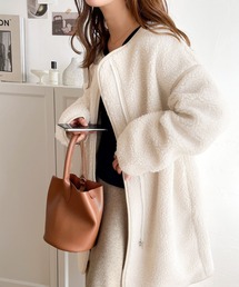 classicalelf | レザー調 無地ジップアップノーカラーパイピングミドルコート(ノーカラージャケット)