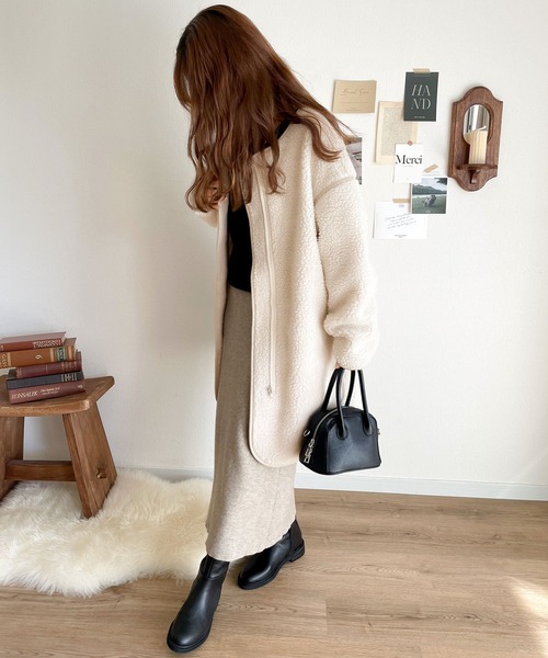 classicalelf（クラシカルエルフ）の「レザー調 無地ジップアップノーカラーパイピングミドルコート（ノーカラージャケット・レディース・ブラック/ブラウン/ベージュ/アイボリー/ライトベージュ・LARGE/MEDIUM/X-LARGE/SMALL）」の20枚目の写真