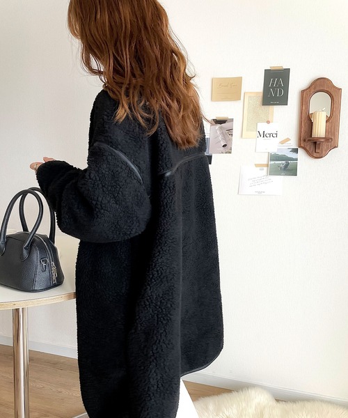 セール】レザー調 無地ジップアップノーカラーパイピングミドルコート