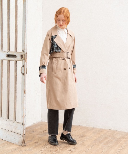 antiqua＊チェック柄プリーツトレンチコート バックチェックプリーツトレンチコート | Esther Online Shop