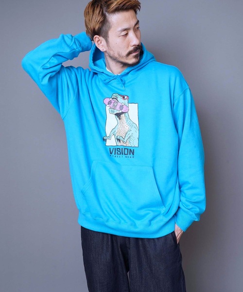 VISION STREET WEAR（ヴィジョンストリートウェア）の「【VISION STREET WEAR/ビジョンストリートウェア】恐竜プリント裏毛パーカー　人気デザインのパーカーアイテム　バックプリント　ドロップショルダー型/ビッグシルエット（パーカー・メンズ・ホワイト/ブラック/ブルー・MEDIUM/LARGE）」の3枚目の写真
