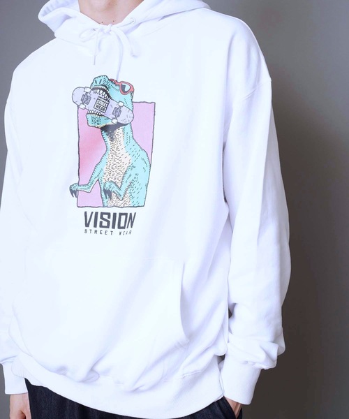 VISION STREET WEAR（ヴィジョンストリートウェア）の「【VISION STREET WEAR/ビジョンストリートウェア】恐竜プリント裏毛パーカー　人気デザインのパーカーアイテム　バックプリント　ドロップショルダー型/ビッグシルエット（パーカー・メンズ・ホワイト/ブラック/ブルー・MEDIUM/LARGE）」の19枚目の写真