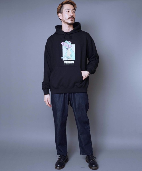 VISION STREET WEAR（ヴィジョンストリートウェア）の「【VISION STREET WEAR/ビジョンストリートウェア】恐竜プリント裏毛パーカー　人気デザインのパーカーアイテム　バックプリント　ドロップショルダー型/ビッグシルエット（パーカー・メンズ・ホワイト/ブラック/ブルー・MEDIUM/LARGE）」の9枚目の写真