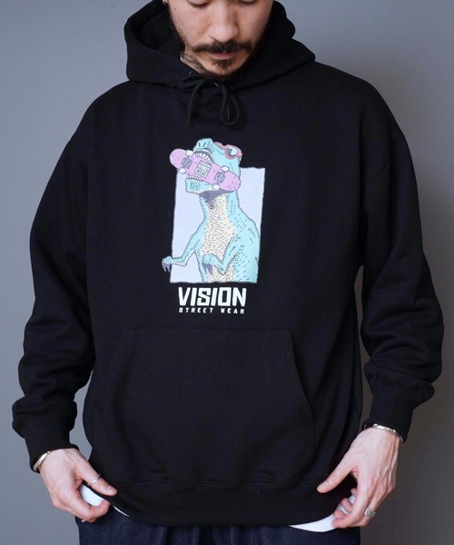 VISION STREET WEAR（ヴィジョンストリートウェア）の「【VISION STREET WEAR/ビジョンストリートウェア】恐竜プリント裏毛パーカー　人気デザインのパーカーアイテム　バックプリント　ドロップショルダー型/ビッグシルエット（パーカー・メンズ・ホワイト/ブラック/ブルー・MEDIUM/LARGE）」の21枚目の写真