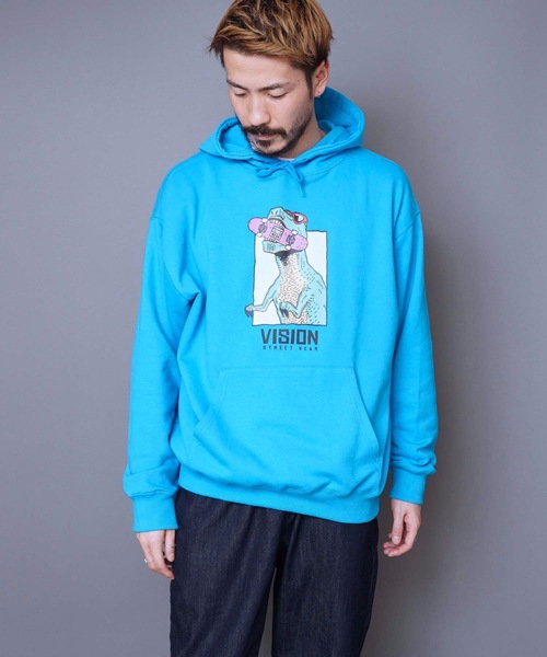 VISION STREET WEAR（ヴィジョンストリートウェア）の「【VISION STREET WEAR/ビジョンストリートウェア】恐竜プリント裏毛パーカー　人気デザインのパーカーアイテム　バックプリント　ドロップショルダー型/ビッグシルエット（パーカー・メンズ・ホワイト/ブラック/ブルー・MEDIUM/LARGE）」の16枚目の写真