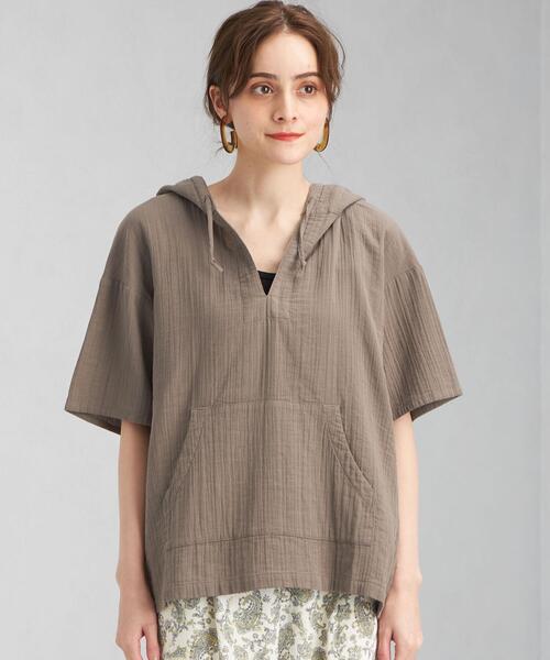 green label relaxing（グリーンレーベルリラクシング）の「SC Wガーゼ フード ブラウス（シャツ/ブラウス・レディース・ホワイト/モカ・FREE）」の3枚目の写真