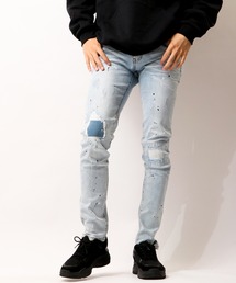 ダメージ加工細身ストレートストレッチジーンズ