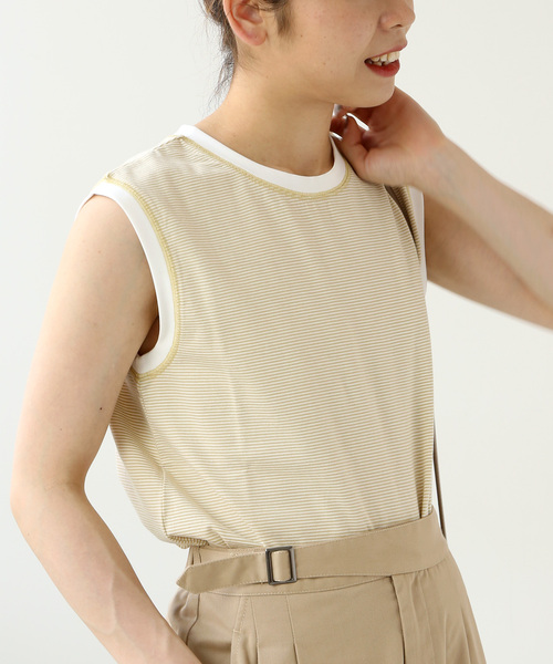 Simplicite（サンプリシテ）の「ボーダースリーブレスプルオーバー◆（Tシャツ/カットソー・レディース・ベージュ/ブラック/グリーン・FREE）」の2枚目の写真