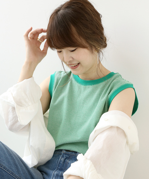 Simplicite（サンプリシテ）の「ボーダースリーブレスプルオーバー◆（Tシャツ/カットソー・レディース・ベージュ/ブラック/グリーン・FREE）」の3枚目の写真