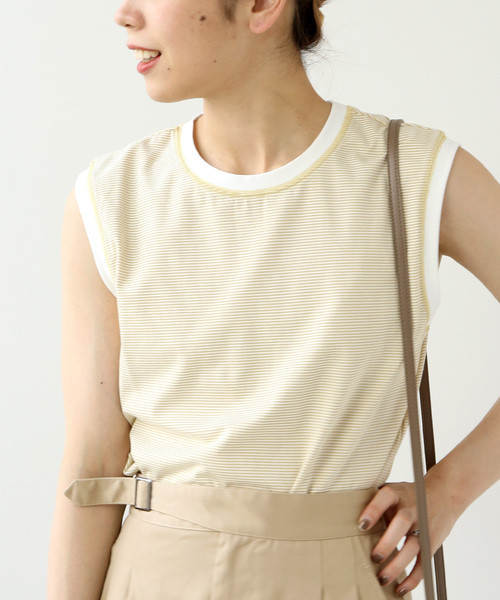 Simplicite（サンプリシテ）の「ボーダースリーブレスプルオーバー◆（Tシャツ/カットソー・レディース・ベージュ/ブラック/グリーン・FREE）」の11枚目の写真