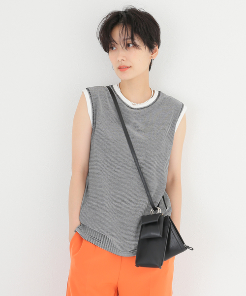 Simplicite（サンプリシテ）の「ボーダースリーブレスプルオーバー◆（Tシャツ/カットソー・レディース・ベージュ/ブラック/グリーン・FREE）」の16枚目の写真