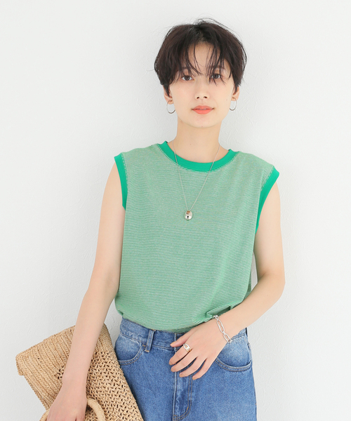 Simplicite（サンプリシテ）の「ボーダースリーブレスプルオーバー◆（Tシャツ/カットソー・レディース・ベージュ/ブラック/グリーン・FREE）」の22枚目の写真