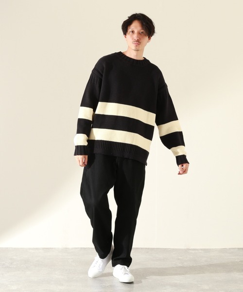 JOURNAL STANDARD relume（ジャーナルスタンダード　レリューム）の「オーバーサイズ ウォッシャブルボーダーニット[ユニセックス対応]（ニット/セーター・メンズ・ベージュ/キナリ/グリーン/ネイビー/ブラウン・LARGE/MEDIUM）」の6枚目の写真
