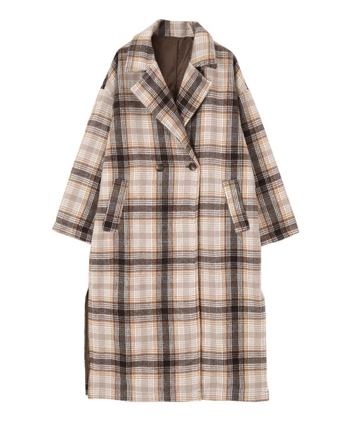 titivate（ティティベイト）の「ﾁｪｯｸﾀﾞﾌﾞﾙｵｰﾊﾞｰｺｰﾄ（チェスターコート・レディース・ベージュ/ブラウン/グレー/アイボリー・FREE）」の4枚目の写真