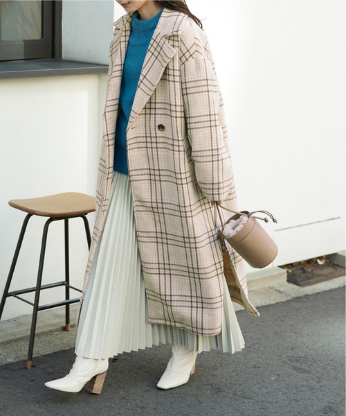 titivate（ティティベイト）の「ﾁｪｯｸﾀﾞﾌﾞﾙｵｰﾊﾞｰｺｰﾄ（チェスターコート・レディース・ベージュ/ブラウン/グレー/アイボリー・FREE）」の2枚目の写真