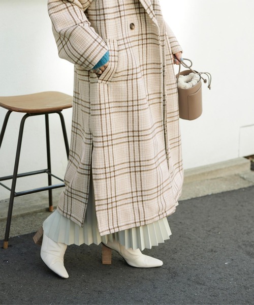 titivate（ティティベイト）の「ﾁｪｯｸﾀﾞﾌﾞﾙｵｰﾊﾞｰｺｰﾄ（チェスターコート・レディース・ベージュ/ブラウン/グレー/アイボリー・FREE）」の10枚目の写真