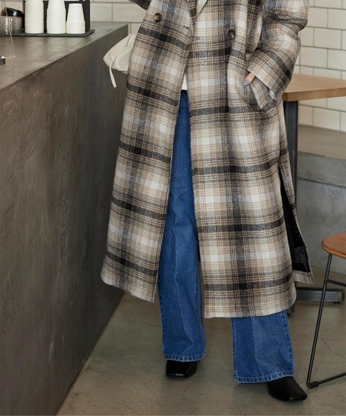 titivate（ティティベイト）の「ﾁｪｯｸﾀﾞﾌﾞﾙｵｰﾊﾞｰｺｰﾄ（チェスターコート・レディース・ベージュ/ブラウン/グレー/アイボリー・FREE）」の6枚目の写真