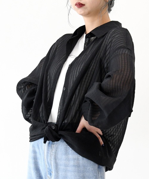 sango（sango）の「シアーストライプビッグシャツ（シャツ/ブラウス・レディース・ブラック/ピンク/アイボリー/ライム・FREE）」の7枚目の写真