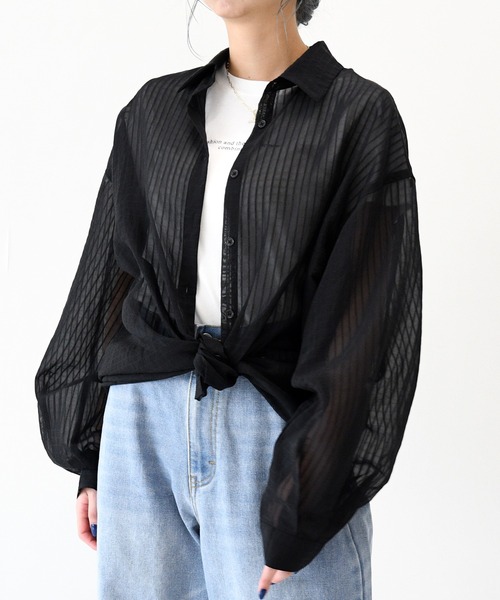 sango（sango）の「シアーストライプビッグシャツ（シャツ/ブラウス・レディース・ブラック/ピンク/アイボリー/ライム・FREE）」の8枚目の写真