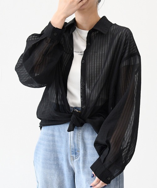 sango（sango）の「シアーストライプビッグシャツ（シャツ/ブラウス・レディース・ブラック/ピンク/アイボリー/ライム・FREE）」の10枚目の写真