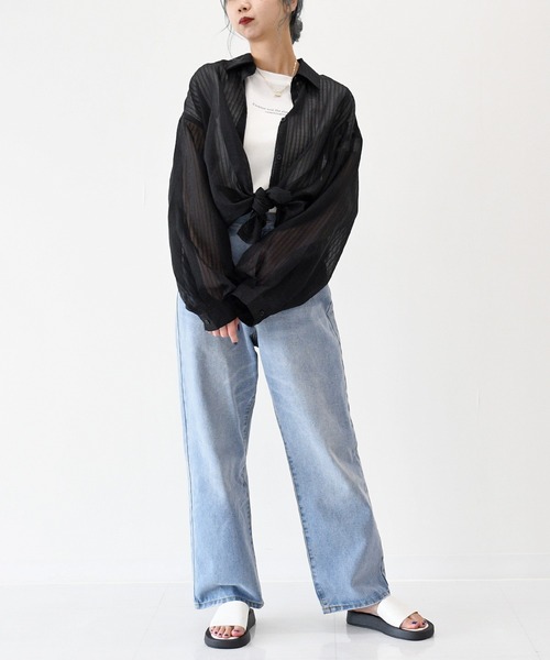 sango（sango）の「シアーストライプビッグシャツ（シャツ/ブラウス・レディース・ブラック/ピンク/アイボリー/ライム・FREE）」の14枚目の写真