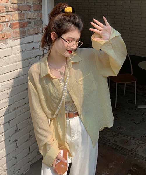 shopnikoniko（ショップニコニコ）の「シャツジャケット シワ加工 カラーシアーシャツ  ロング 長袖（シャツ/ブラウス・レディース・ブルー/ピンク/ホワイト/イエロー・フリー）」の21枚目の写真