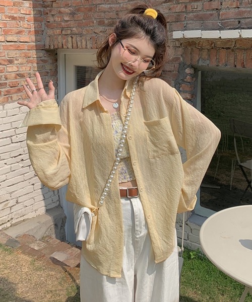 shopnikoniko（ショップニコニコ）の「シャツジャケット シワ加工 カラーシアーシャツ  ロング 長袖（シャツ/ブラウス・レディース・ブルー/ピンク/ホワイト/イエロー・フリー）」の22枚目の写真