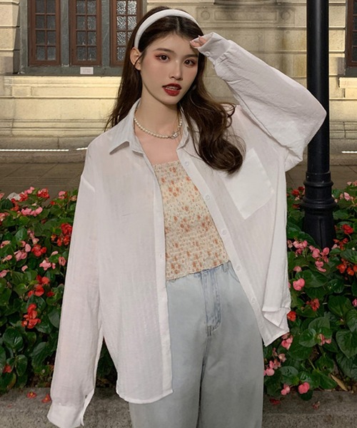 shopnikoniko（ショップニコニコ）の「シャツジャケット シワ加工 カラーシアーシャツ  ロング 長袖（シャツ/ブラウス・レディース・ブルー/ピンク/ホワイト/イエロー・フリー）」の15枚目の写真