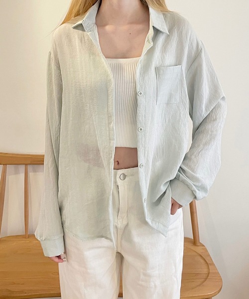 shopnikoniko（ショップニコニコ）の「シャツジャケット シワ加工 カラーシアーシャツ  ロング 長袖（シャツ/ブラウス・レディース・ブルー/ピンク/ホワイト/イエロー・フリー）」の19枚目の写真