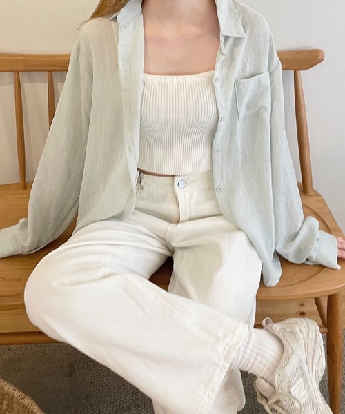 shopnikoniko（ショップニコニコ）の「シャツジャケット シワ加工 カラーシアーシャツ  ロング 長袖（シャツ/ブラウス・レディース・ブルー/ピンク/ホワイト/イエロー・フリー）」の20枚目の写真