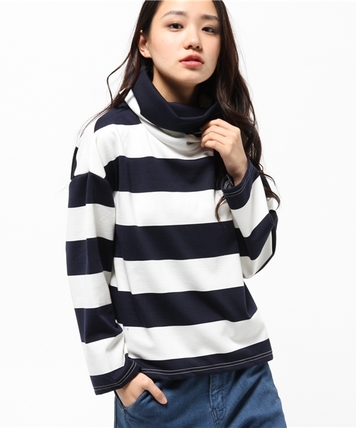 CIAOPANIC（チャオパニック）の「【Ciaopanic】ビッグボーダーオフタートル（Tシャツ/カットソー・レディース・グレー/ネイビー・FREE）」の2枚目の写真