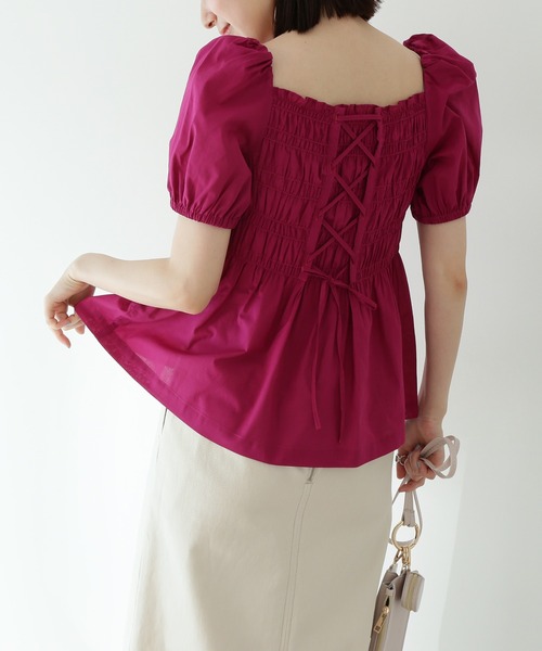 N.(N. Natural Beauty Basic)(エヌエヌナチュラルビューティーベーシック)の「◆コットンローンレースアップシャーリング半袖ブラウス(シャツ/ブラウス・レディース・ブラック/ピンク/イエロー・MEDIUM)」の1枚目の写真