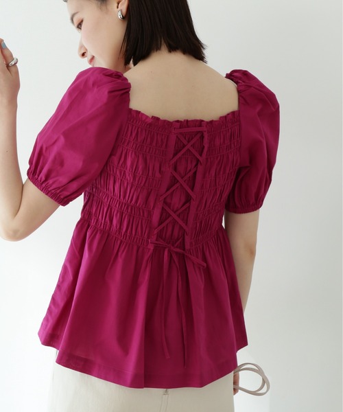 N.(N. Natural Beauty Basic)(エヌエヌナチュラルビューティーベーシック)の「◆コットンローンレースアップシャーリング半袖ブラウス(シャツ/ブラウス・レディース・ブラック/ピンク/イエロー・MEDIUM)」の7枚目の写真