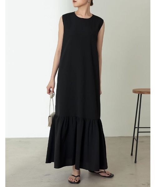 低身長/高身長サイズ有]クレープノースリ―ブティアードフレア