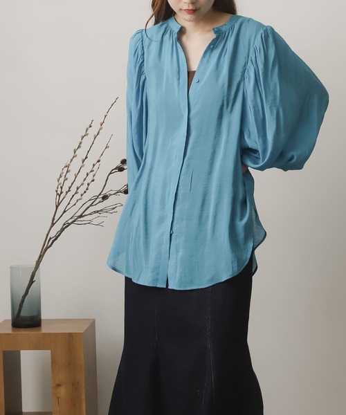 SENSE OF PLACE by URBAN RESEARCH（センスオブプレイスバイアーバンリサーチ）の「バンドカラーボリュームスリーブブラウス（シャツ/ブラウス・レディース・ブルー/ホワイト系その他/グリーン・ONE）」の3枚目の写真