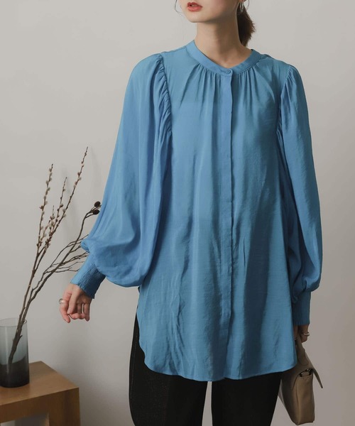 SENSE OF PLACE by URBAN RESEARCH（センスオブプレイスバイアーバンリサーチ）の「バンドカラーボリュームスリーブブラウス（シャツ/ブラウス・レディース・ブルー/ホワイト系その他/グリーン・ONE）」の5枚目の写真