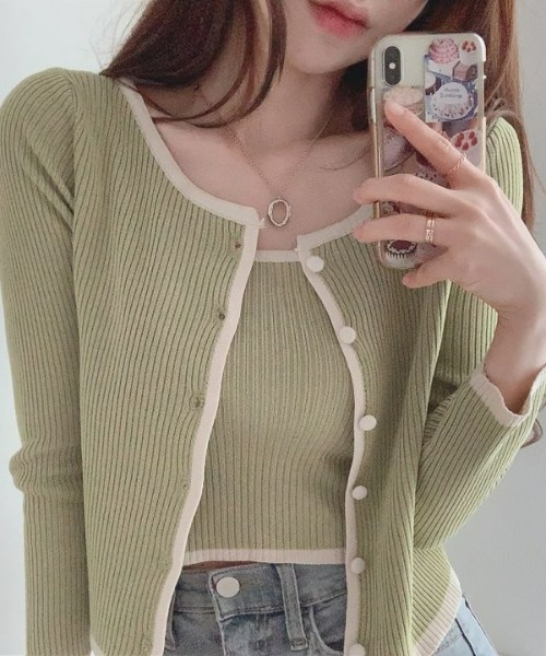 LAC-VERT（ラック・ヴェール）の「キャミソール＆カーディガンセット（カーディガン/ボレロ・レディース・ピンク/ホワイト/グレー/グリーン/ライトブラウン/ブラック・FREE）」の5枚目の写真