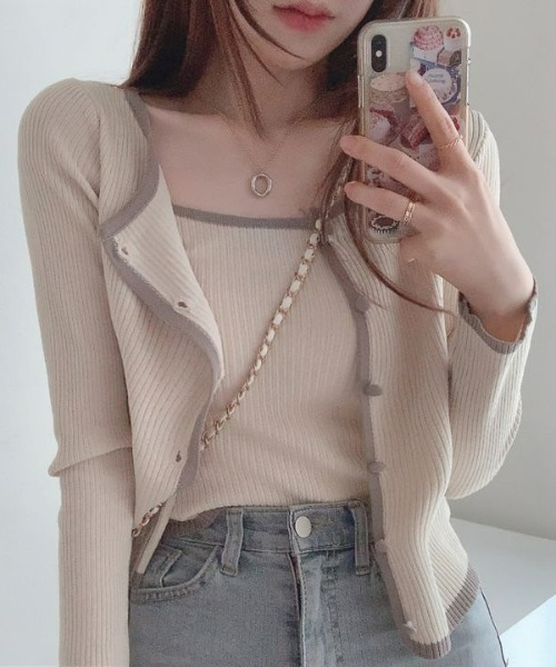 LAC-VERT（ラック・ヴェール）の「キャミソール＆カーディガンセット（カーディガン/ボレロ・レディース・ピンク/ホワイト/グレー/グリーン/ライトブラウン/ブラック・FREE）」の4枚目の写真