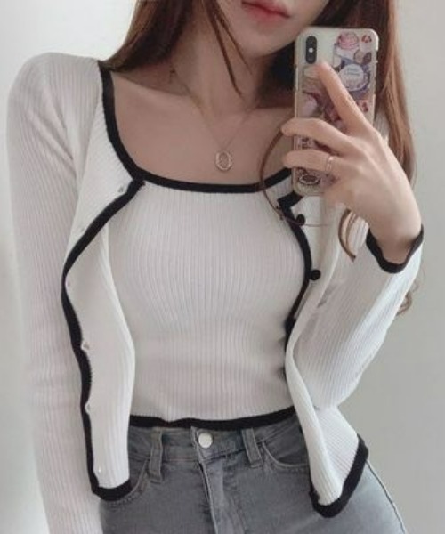 LAC-VERT（ラック・ヴェール）の「キャミソール＆カーディガンセット（カーディガン/ボレロ・レディース・ピンク/ホワイト/グレー/グリーン/ライトブラウン/ブラック・FREE）」の8枚目の写真