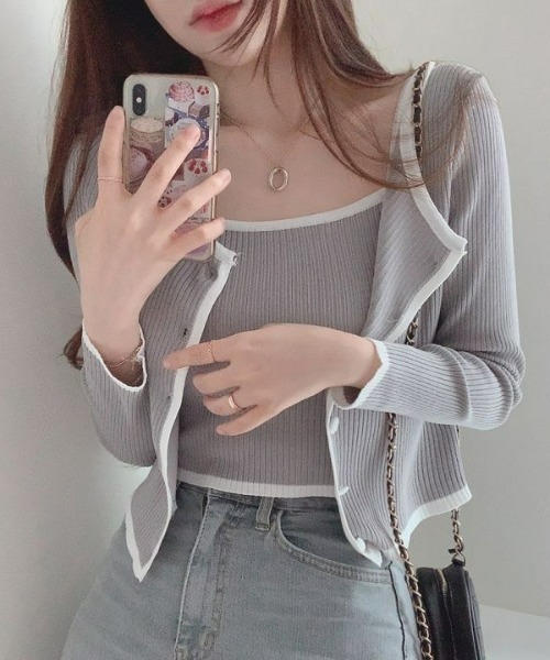 LAC-VERT（ラック・ヴェール）の「キャミソール＆カーディガンセット（カーディガン/ボレロ・レディース・ピンク/ホワイト/グレー/グリーン/ライトブラウン/ブラック・FREE）」の9枚目の写真