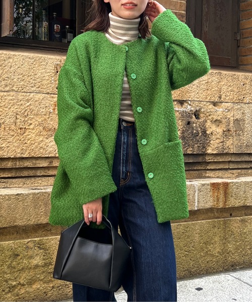 Chez toi（シェトワ）の「ウール混ツイードミドルジャケット（ブルゾン・レディース・ブラック/オフホワイト/グリーン・FREE）」の12枚目の写真