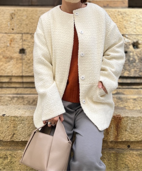 Chez toi（シェトワ）の「ウール混ツイードミドルジャケット（ブルゾン・レディース・ブラック/オフホワイト/グリーン・FREE）」の18枚目の写真